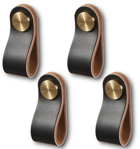 HOOZ 4 Stück PU Ledergriffe für Möbel, Schrankknöpfe mit Schrauben, Handgemachte Griff Möbelknöpfe, für Küchenschränke und Kleiderschrank (14cm x 2,5cm) (Schwarz)