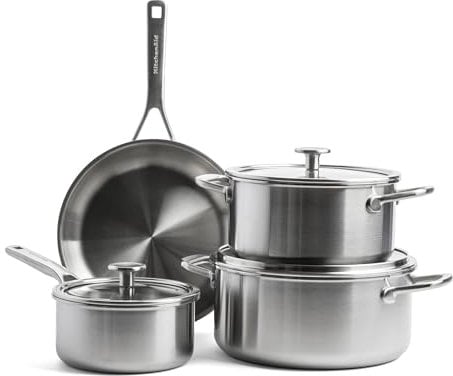 KitchenAid MultiPly 3PLY PFAS-freies 7-teiliges Kochgeschirr-Set aus Edelstahl, inkl. Bratpfanne, Kasserolle, Kochtopf, Dreifach, Multiclad, Induktion, Backofenfest bis 220°C, Spülmaschinenfest,Silber