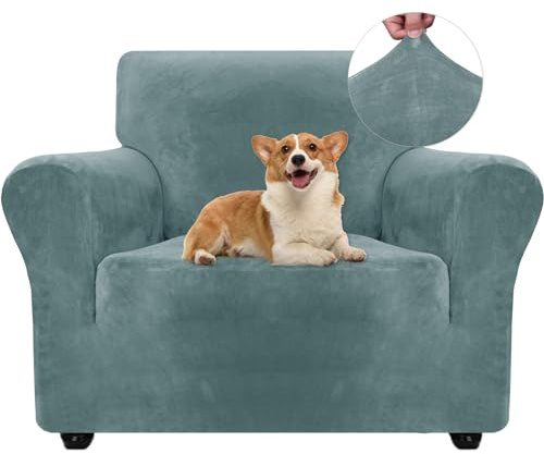 Ystyle Elastischer Samt Sofabezug 1 Sitzer, Grau Blau | Stretch Sofa Überzug, Sofaschoner Rutschfest, Couch Überzug, Sofa Cover mit Armlehnen, Sesselschoner Sofaschutz Katze