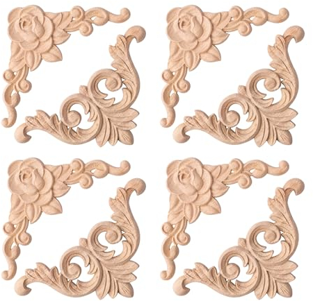 FRUHLING 8 Adornos Tallados en Esquina de Madera, Apliques Sin Pintar para Muebles, Puertas, Armarios, Ventanas, Espejos (2 Patrones)