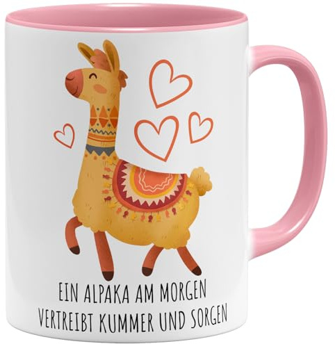 OM3® lustige Kaffee-Tasse mit Spruch - EIN Alpaka am Morgen vertreibt Kummer und Sorgen - Statement - Spruchtasse - Keramik Becher - 11oz 325ml - Beidseitig Bedruckt - Rosa