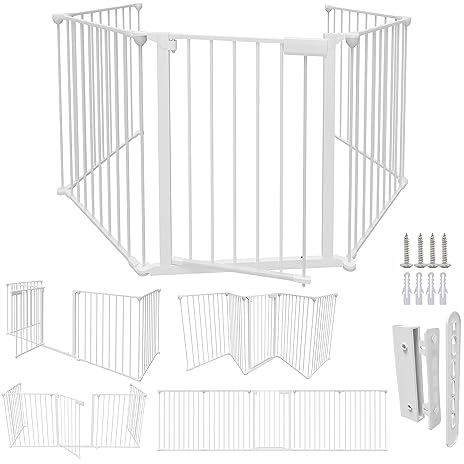 Daromigo Kaminschutzgitter mit Tür 310cm Metall Ofenschutzgitter Laufgitter Laufstall Absperrgitter Tierschutzgitter Türschutzgitter für Kinder-Sicherung, 5-teilig (je 65 x 75 cm) Weiß