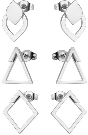 KKJOY 3 Paar Geometrische Ohrstecker Set Edelstahl Wassertropfen Ohrringe Quadratisch Dreieck Ohrringe Schmuck Geschenk für Frauen Charming Ladies
