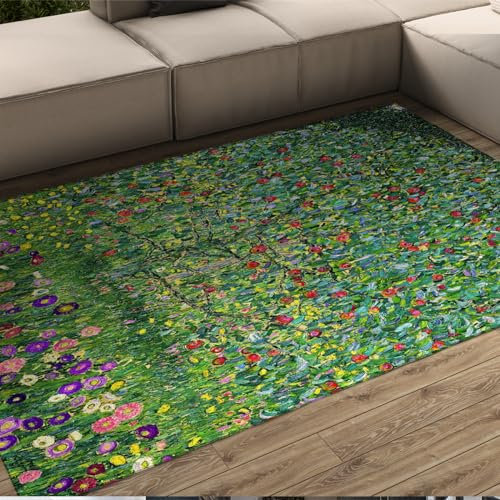 UERWOWELL Gustav Klimt Grüner Teppich Apfelbaum Teppiche niedrigflorige rutschfeste Teppiche für Wohnzimmer Schlafzimmer waschbare Eingangstüren Fußmatte Teppich 90x180cm