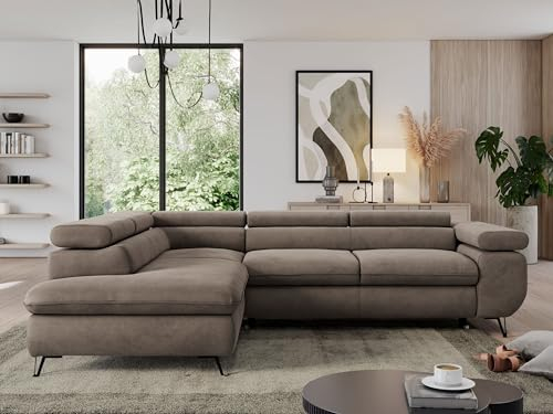 MKS MEBLE Sofa L, Wohnlandschaft L-Form mit Schlaffunktion und Bettkasten, Schlafsofa mit Bettkasten, Ecksofa, Sofa mit Einstellbare Kopfstützen, Pedro L - Braun Velvet - Links