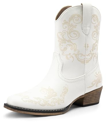 DREAM PAIRS Women's Cowboy Cowgirl Western Ankle Boots,White,5
