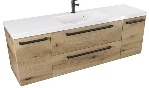 Furni Badezimmer-Waschtischunterschrank 140 cm D ATH DC - Mattes Holzdekor - Schwarzer Mattgriff