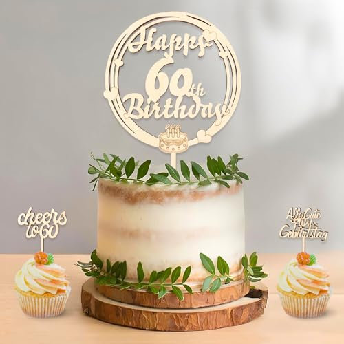 DazzJoy Holz Tortendeko 60 Geburtstag Frau Mann,Torten Deko 60 Geburtstag Frau,Happy 60 Birthday Tortendeko,Cake Topper 60. Geburtstag Deko,Kuchen Deko zum 60 Geburtstag,60 Geburtstag Frau Deko