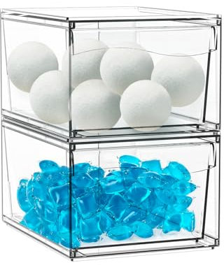 Lot de 2 Boite Lessive, Rangement Lessive, Boîte De Rangement pour Détergents, Acrylic Détergent Box, Buanderie Organisation pour Capsules de Lessive, Boules de Séchage, Pinces à Linge