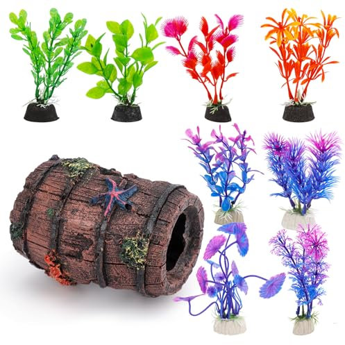 FIDWALL Fish Tank Decorations Accessories,Aquarium Decoration Set,1pcs Resin Starfish Bucket,8pcs Artificial Aquatic Plants For Aquarium,Safe For Fish, Aquarium Accessories,Colorful