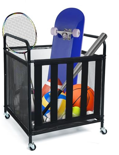 storenization Rolling Sports Ball Storage Cart, Sports Equipment Organizer - Volleyball Cart with Wheels, Lockable Basketball Holder with Elastic Straps, Garage Organizer Holder for Playgroup and Gym