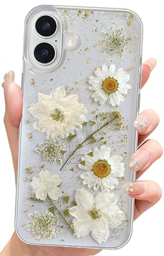 Abbery Handyhülle für iPhone 16 Hülle Blumen Glitzer Muster Klar/Durchsichtig Mit Getrockneten Gold Blumen Motiv TPU Frauen Mädchen Aesthetic Süß Stoßfest Anti-Kratzer Schutzhülle (Weiß)