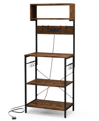 GiantexUK Kitchen Baker’s Rack, 5-Tier Microwave Oven Stand with Power Outlets, 10 Hooks & Anti-Toppling Device, Metal Frame Freestanding Storage Rack Shelving Unit for Dining Living Room