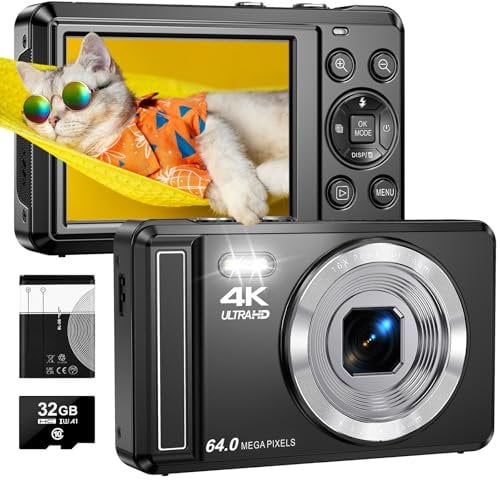 ZMOQNG Digital Camera 4K 64MP Autofocus with 32GB SD Card, 2.8 Screen Compact Vlogging Camera with 1200 mAh Battery, for Kids & Beginners