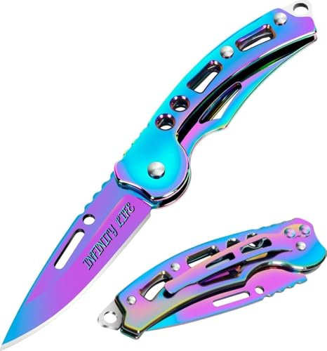 Navaja Infinity Life Titanium Plegable con Acabado Iridiscente, Clip de Bolsillo, Orificio para Llavero, Diseño Multicolor Arcoíris PrismaVibrational Colors Violet Transmuter