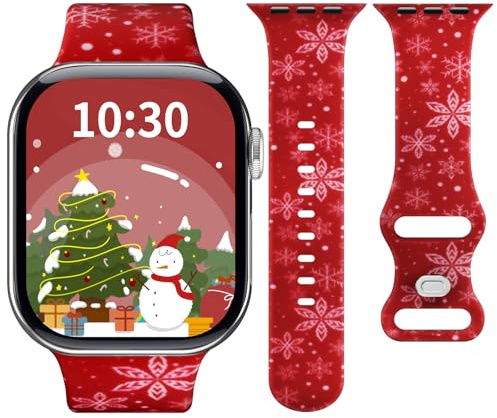 Micnkifo Weihnachten Armband Kompatibel mit Apple Watch Armband 42mm 41mm 40mm 38mm Damen Herren, Silikon Sport Bunte Gedruckte Muster Band für iWatch Series 11 10 9 8 7 6 5 4 SE Ultra, Schneeflocke