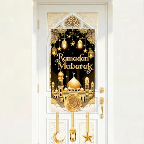 DPKOW Ramadan Mubarak Türbanner-Dekorationen, Stoff schwarz-goldene Laterne Moschee islamisches muslimisches Banner Ramadan-Dekorationen