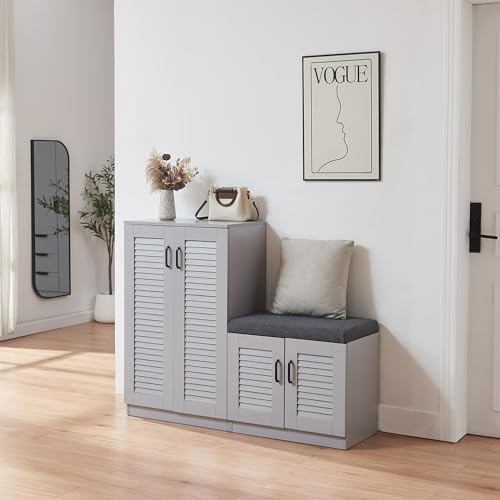 [en.casa] Mueble Zapatero Løten Armario con 9 Compartimentos para 18 Pares de Calzados + Banco Zapatero Puertas de Rejilla Buena Ventilación 97 x 120 x 36 cm - Gris