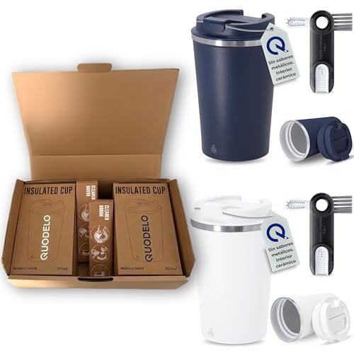 Quodelo Pack 2 Vasos Termos Café con Interior Cerámico 350ml - Taza Antiderrames sin BPA para Llevar y Cepillo Limpieza 3 en 1