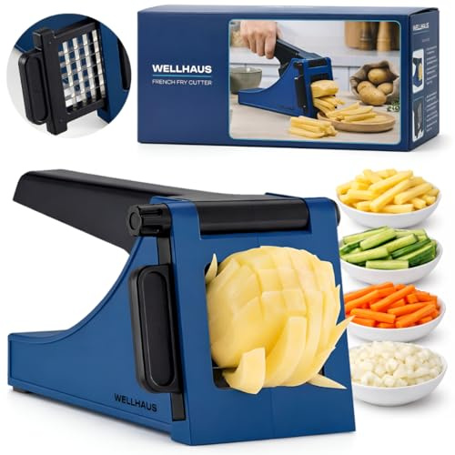 WELLHAUS Pommesschneider - Kartoffelschneider Plastik, Presse Kartoffel Maschine, Frittenschneider Klinge aus rostfreiem Stahl, Kartoffelharfe Maker Rutschfeste Unterlage, Schneider Gemüse
