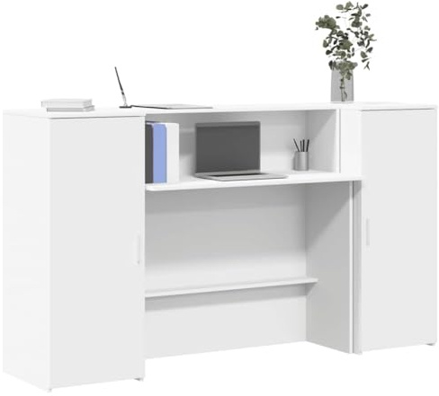 Augerlite Bancone per ricevimento, bianco, in legno, 180 x 50 x 103,5 cm, con spazio e armadietto, stabile tavolo da ufficio per ufficio, casa, ricevimento e area di lavoro, versatile e funzionale