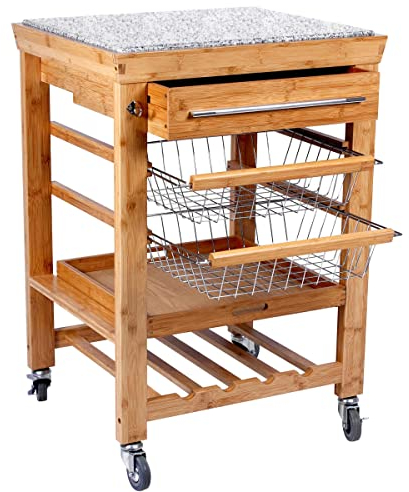 BUTLERS Rolling Stone Servierwagen - Küchenrollwagen mit Granit Arbeitsplatte - Natur Bambus - Rollwagen Höhe 92 cm