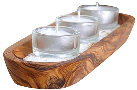 D.O.M.® Kerzenhalter-Set Wellness aus Olivenholz inkl. Sand & 3 Teelichtern