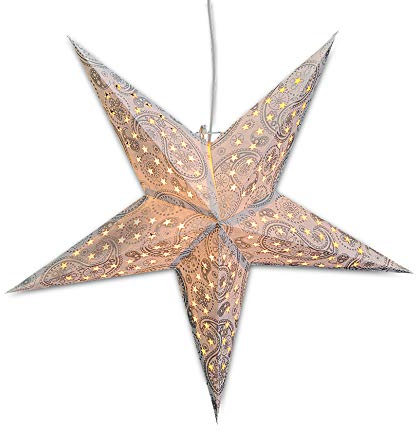Leuchtstern mit 5 Zacken in weiß silber 60cm Papiertstern Weihnachtsstern inklusiv Kabel mit Schalter 3,5 Meter