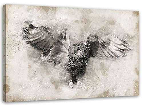 Feeby. Wandbild - 1 Teilig - 30x40 cm, Leinwand Bild Leinwandbilder Bilder Wandbilder Kunstdruck, EULE, NATUR, VINTAGE, SCHWARZ-WEIß