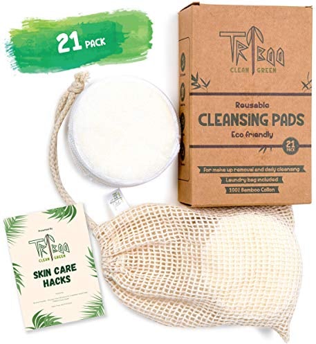 TRIBOO (21-Pack) Reusable Cotton Pads, Super Soft Bamboo Cotton Wool Pads, Reusable Makeup Remover Pads with Skin Care Hacks E-Book, Large Cotton Wool Pads for Face, Breast Pads & Baby