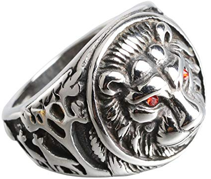HIJONES Herren 316l Edelstahl Gothic Rote Augen Biker Löwe Siegelring Silber Schwarz Größe 57