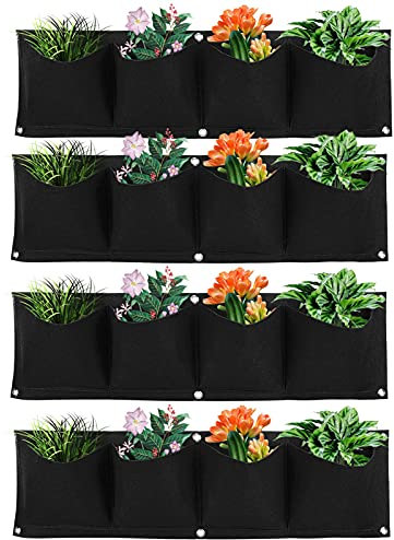 Atyhao Macetero de Pared Vertical para Colgar al Aire Libre, 4 Piezas, 4 Bolsillos, Bolsa de Cultivo de Plantas, montado en la Pared, Reutilizable, de Fieltro degradable, macetero para jardín(Negro)