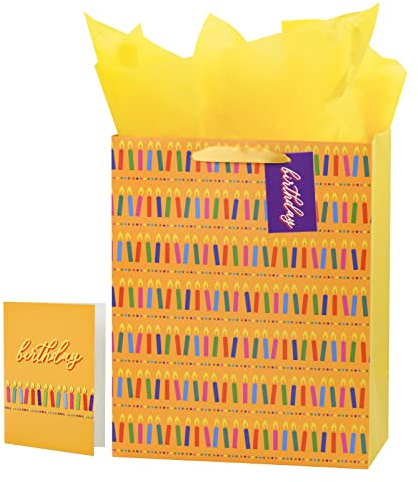 Loveinside Yellow Gift Bags with Colorful Candles Printed Medium Size with Tissue Paper, Tag, Greeting Card for Birthday - 33 x 26.6 x 14.6 cm, Yellow