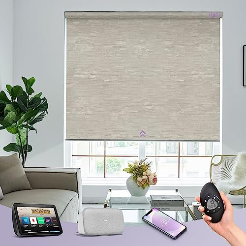 Graywind Customized Smart Roller Blinds Blackout, Textured Fabric Electric Windows Blinds Compatible with Alexa Google, Rechargeable Motorised Roller Shades with Remote, Jacquard Coffee