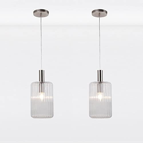 firstchoicelighting Set of 2 Chrome & Clear Ribbed Glass Pendant Light Fittings, Kitchen Island Dining Ceiling Light, Height Adjustable 40cm - 100cm, LED Compatible