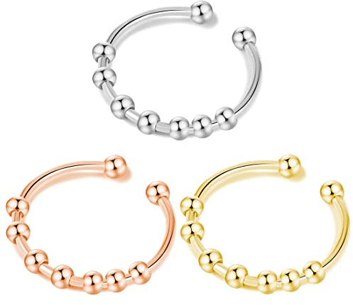 LEEQBCR 3 Stück Anxiety Ring Damen Anti-Stress Edelstahl Dekompressionsringe Set Verstellbar Spinner Drehbare Mit Perlen für Frauen Herren