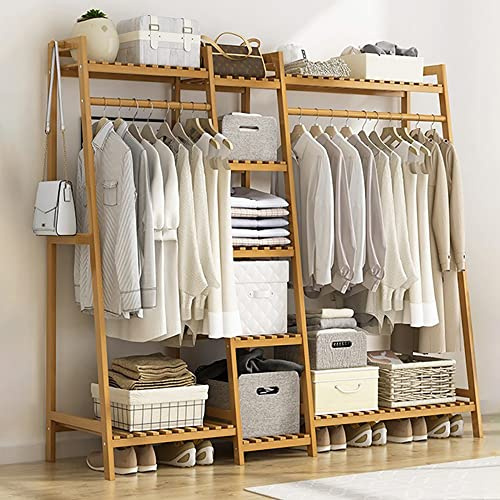 Portant Penderie à Vêtements en Bambou, 4 en 1 Porte-Manteaux pour Chambre à Coucher Couloir Salon, avec 9 Etagères De Rangement, Facile à Installer Charge 220lb Nature