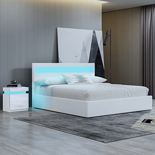 BESTWANTED Ottoman Storage Bed 5ft King Size Bed Frame with Storage Gas Lift up Bed in White with LED Lights, Faux Leather