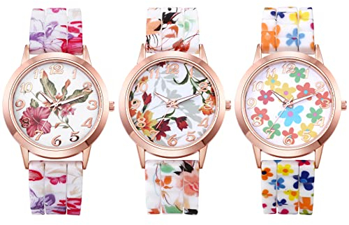 JewelryWe 3pcs Uhren Damen Analog Quarz Armbanduhr Mode Exquisit Blumen Blumendruck Beiläufige Uhr mit Silikon Armband