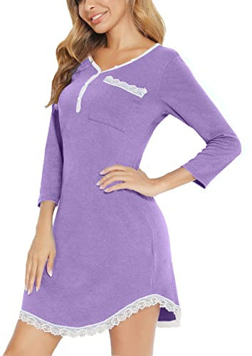 Yukiuiny Maglie Pigiama con Pizzo da Donna, Camicie da Notte in Cotone, Comodo Abbigliamento da Notte per Tutte Stagione,3/4 Maniche-Viola/L