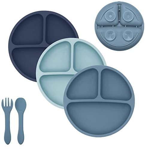 TudoBem Assiette Ventouse pour bébé Antidérapante [5 Pcs] sans BPA | Assiette compartiment bebe [x3] Fourchette et Cuillere Bebe Apprentissage [x1] | Silicone 100% Alimentaire, Coffret Naissance Idéal