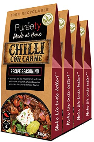 Pureety | GLUTEN FREE Chilli Con Carne Recipe Seasoning | Restaurant quality meals made at home | One pack serves four | x 4 packs
