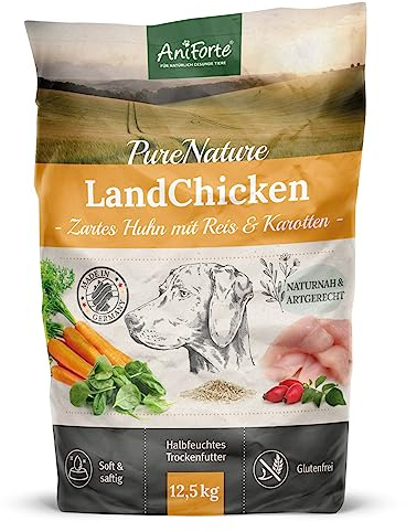 AniForte Huhn Trockenfutter für Hunde 12,5kg – Zartes Huhn mit Reis & Möhren, Vitamine für Hunde, Halbfeuchtes Trockenfutter, Hundefutter trocken glutenfrei für Allergiker