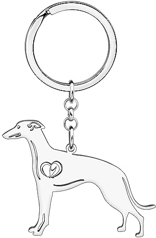 WEVENI Niedlicher Hunde-Schlüsselanhänger, 18 Karat vergoldet, Edelstahl, Schlüsselanhänger, Ring, Zubehör, Charms, Hundeliebhaber, Geschenke für Frauen und Mädchen, Versilbertes Whippet, 44mm x 53mm