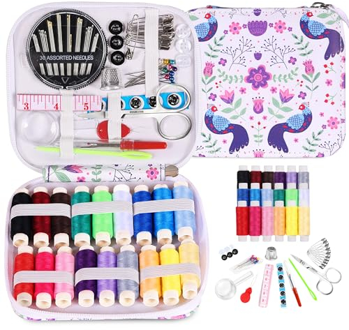 AUERVO Nähsets für Erwachsene, tragbares Nähset, Garn und Nadel-Set mit PU-Lederetui für Hand, Zuhause, Reisen und Notfall, kompakt, klein, grundlegende Nähsets (Pfau)