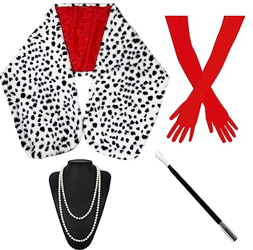 TOMIGO 4 Stück Halloween Damen Kostüm Set, Schwarz Weiß Stola, 1920er Jahre lange Rot Handschuhe, Kostüm Halter und Halskette für Cosplay