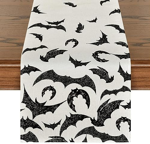 Hoxfly 33 x183 cm Schwarz und Weiß Fledermaus Halloween Tischläufer,Tischläufer Halloween Leinenoptik,Halloween Läufer,Halloween Tischläufer,Tischdecke Modern,für Party Esstisch Dekor