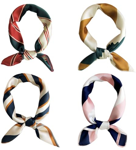 SUNTRADE Quadratischer Satin-Schal für Damen und Mädchen, kleiner Haarschal, quadratischer Halstuch, Haarband, 4 Stück (Streifen)