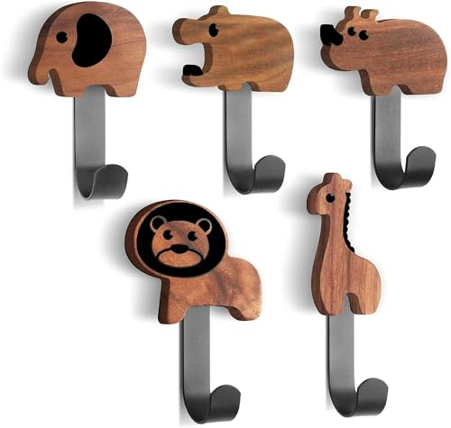 BIROYAL Garderobenhaken Kinder, Kleiderhaken Garderobe Kinder in Tierform, Kinder Kleiderhaken aus Walnussholz, Kleiderhaken Wand Kinder, Löwe/Elefant/Nilpferd/Giraffe/Nashorn(5 schwarze Metallhaken)