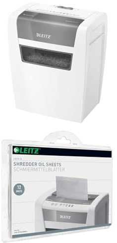 Leitz IQ Set Home Partikelschnitt Aktenvernichter P4, 7-6 Blatt (70-80 g/m²), 15 Liter Abfallbehälter, Leise und Kompakt, Weiß, 80340000 + Leitz IQ Ölblätter 80070000